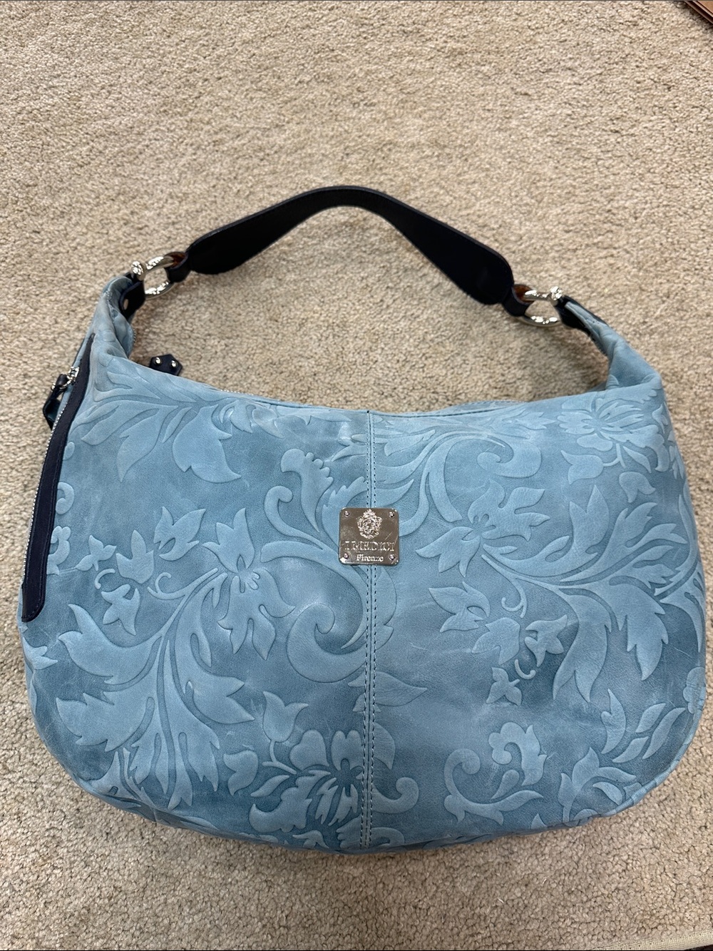 I Medici Firenze Blue Floral-Embossed Italian leather Hobo Bag with Top Handle